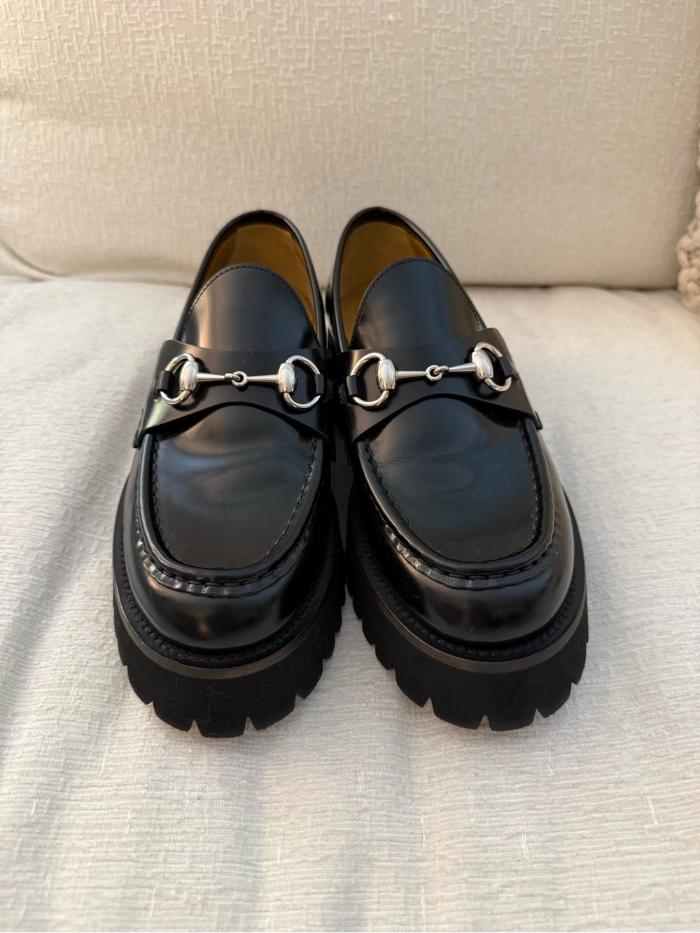 Gucci Black Leather Lug Sole Horsebit Loafers